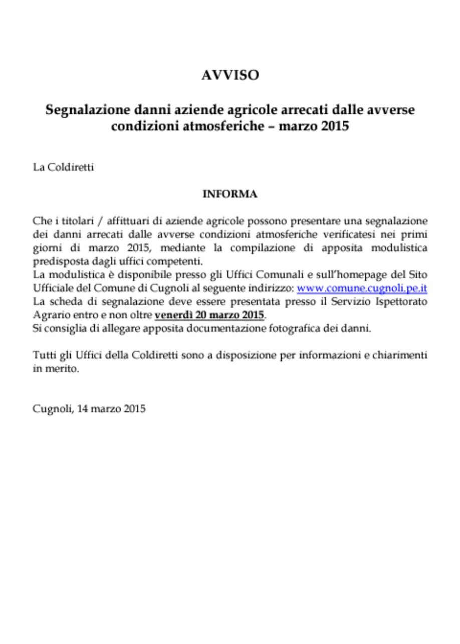 Eccezionali eventi meteorologici verificatisi il 4, 5 e 6 marzo 2015 nella Regione Abruzzo - aziende agricole